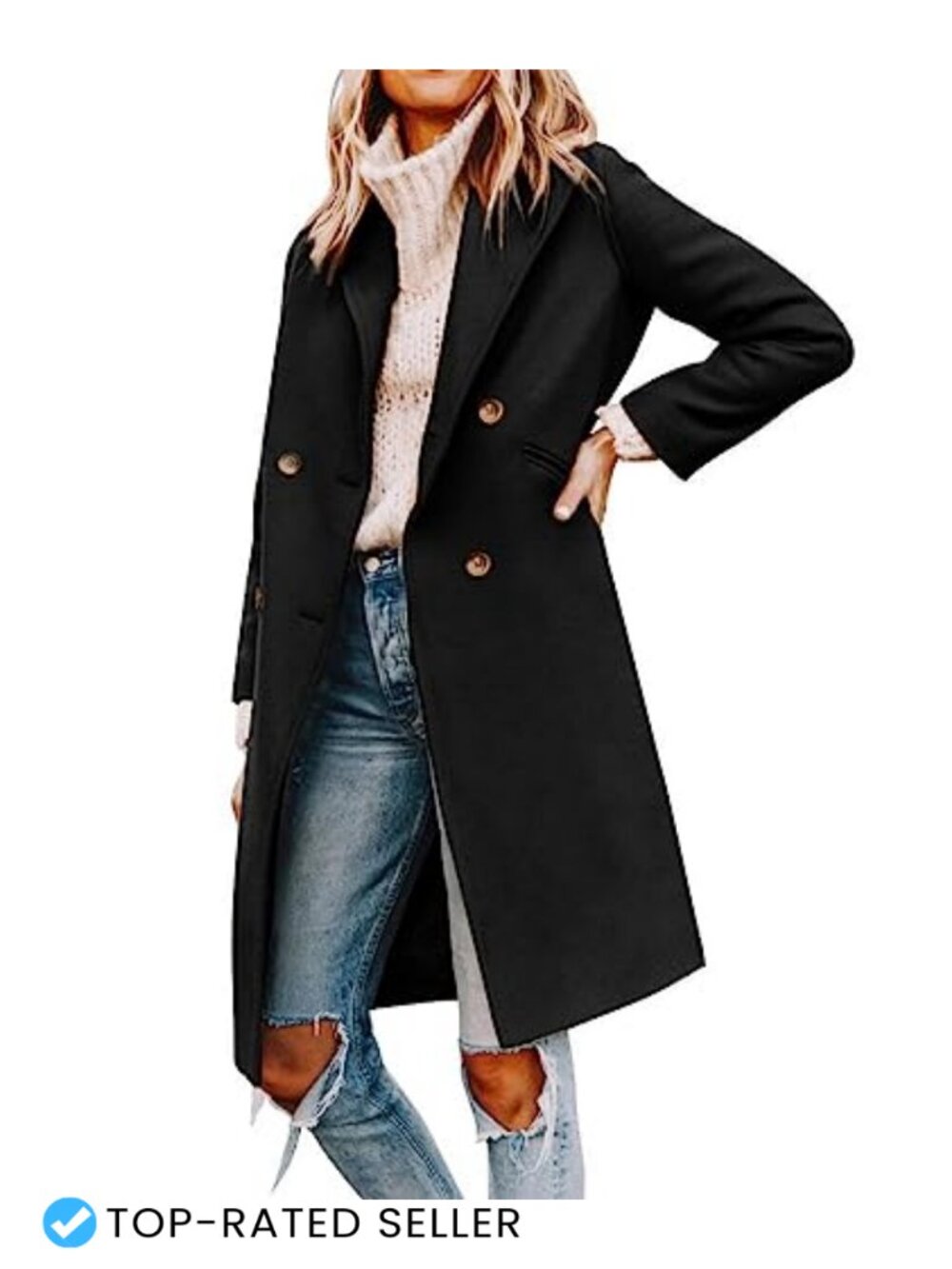 Wool Blend Notch Lapel Double-Breasted Midi Trench Coat
